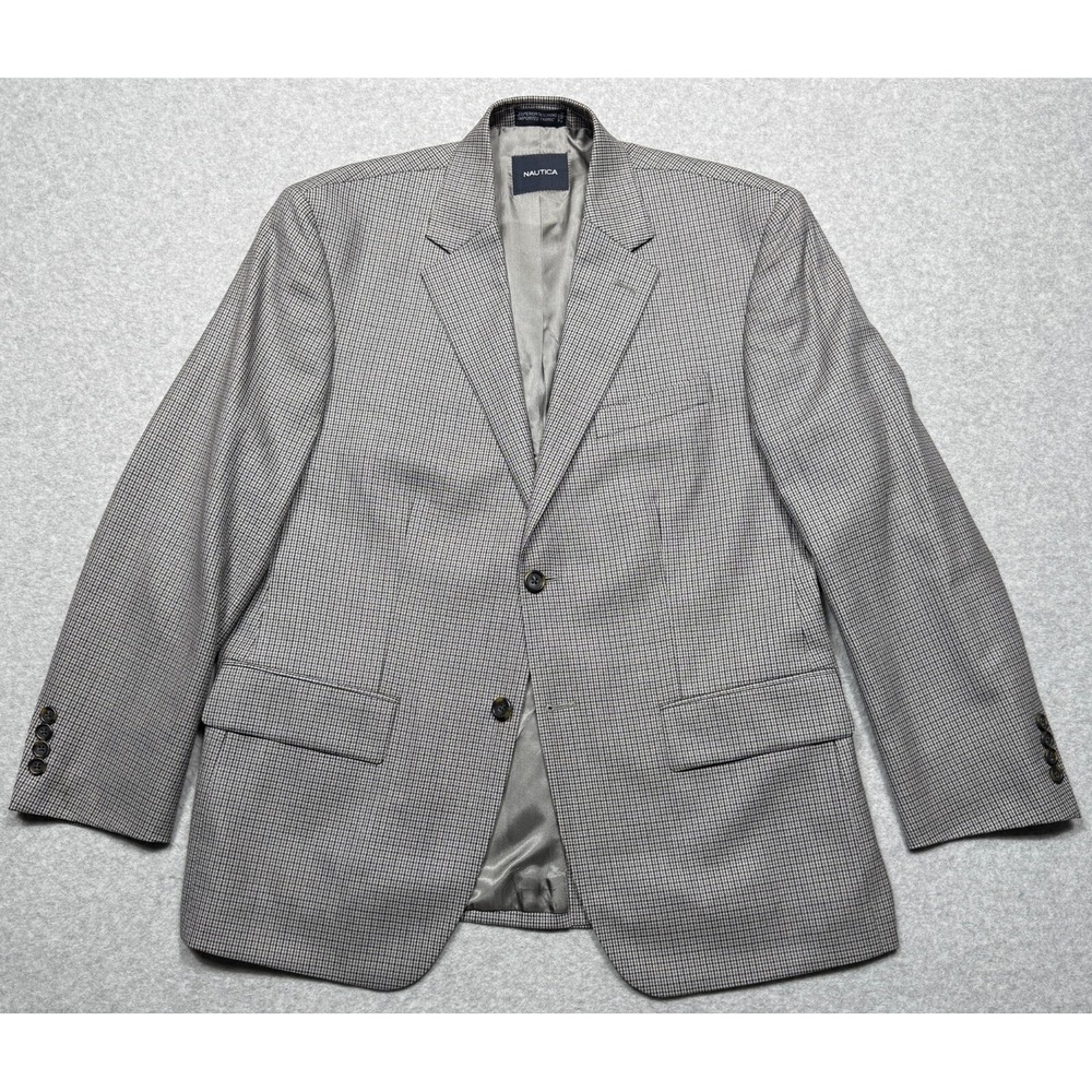Nautica Blazer Jacket Mens 40S Brown Houndstooth Plaid Wool Sport Coat 2-Button